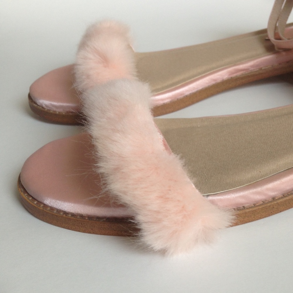 Pastel Pink Furry Faux Fur Ankle Strap Flat Sandal